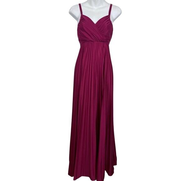 Vintage Womens Union Tag Dark Red Pleated V-Neck Maxi 70's Dress Empire Waist XS - Picture 1 of 15